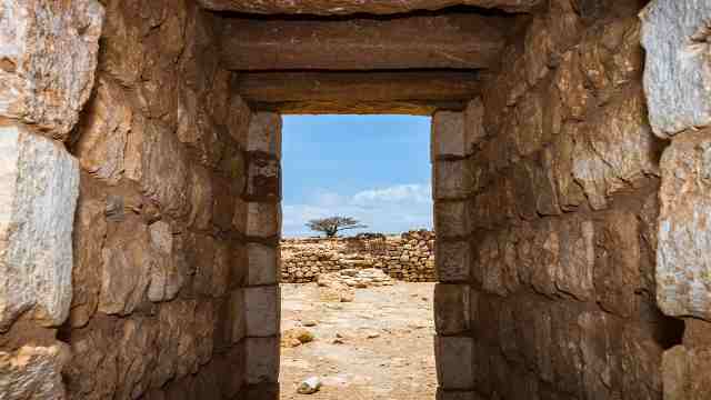 Exploring Captivating Traditions and Tours in Salalah 11 Castle-of-Sumhuram-Salalah-Dhofar-Sultanate-of-Oman-View-of-an-old-tree-between-rock-of-the-archaeological-site-Travelstoyou