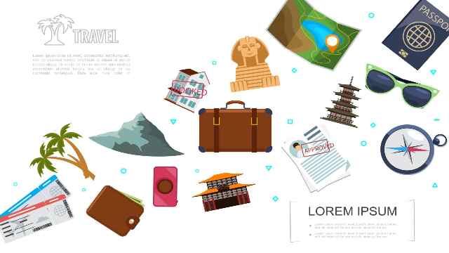 Next travel destination Oman affordable vacation Planning Service and Company 25 Flat-travel-template-with-tickets-mountain-palms-wallet-camera-bag-documents-navigational-compass-sunglasses-passport-map-chinese-pagoda-Sphinx-vector-illustration